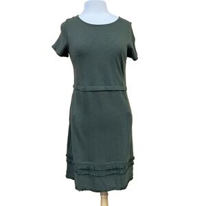 J.Jill fit & Flare Dress Olive Green Cotton Fringe Hem Short Sleeve Scoop Neck S